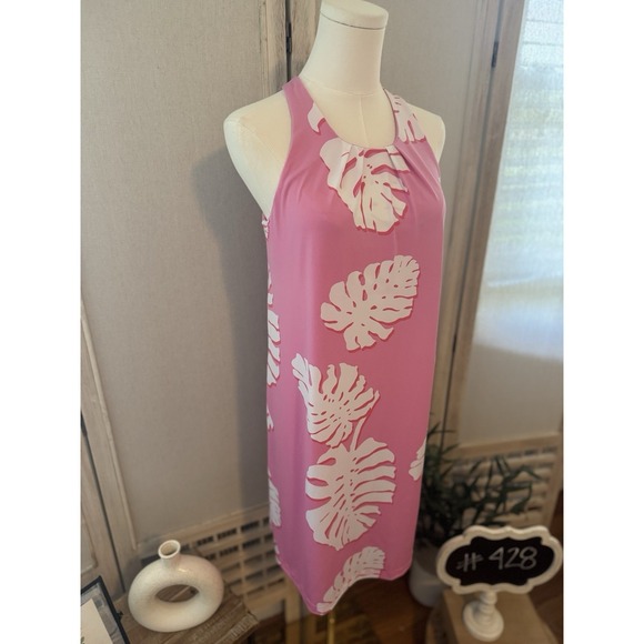Tori Richard Pink Monstera Leaf Halter Dress Resort Wear Size M - Picture 3 of 9